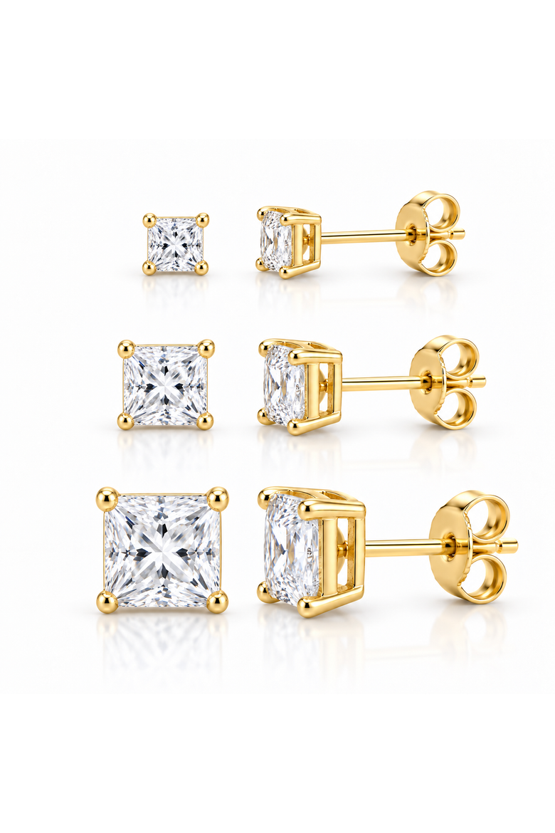 Set Of 3 14K Yellow Gold Square Studs, Main, color, Gold