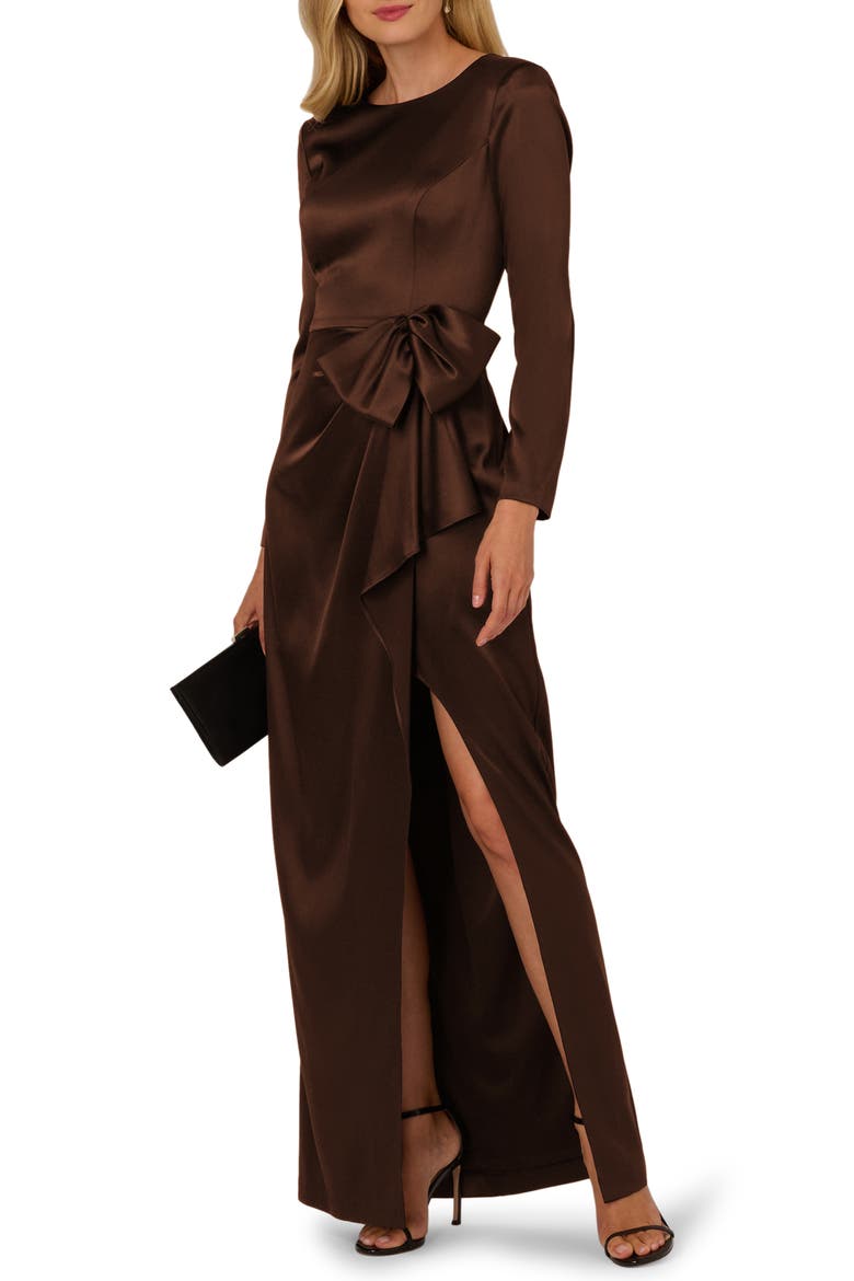 Side Bow Long Sleeve Stretch Satin Gown, Alternate, color, CHOCOLATE