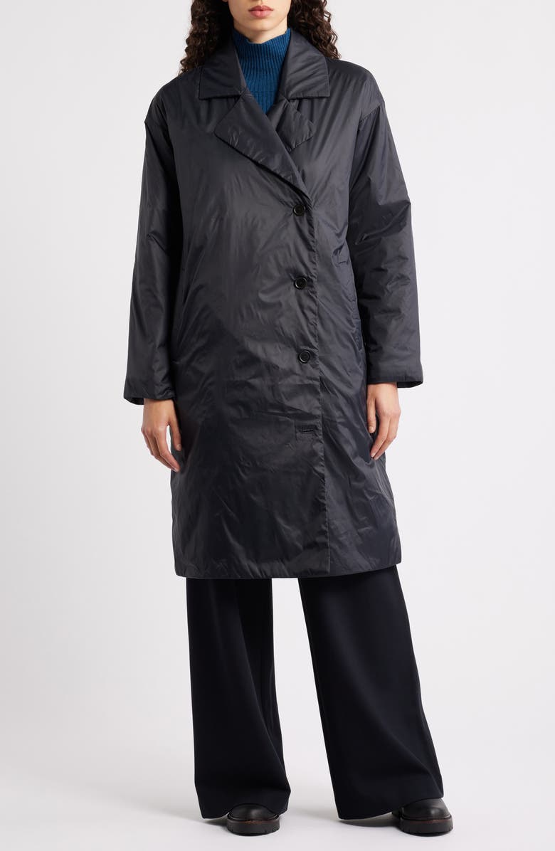 Eileen Fisher High Collar Padded Longline Coat, Alternate, color, Black