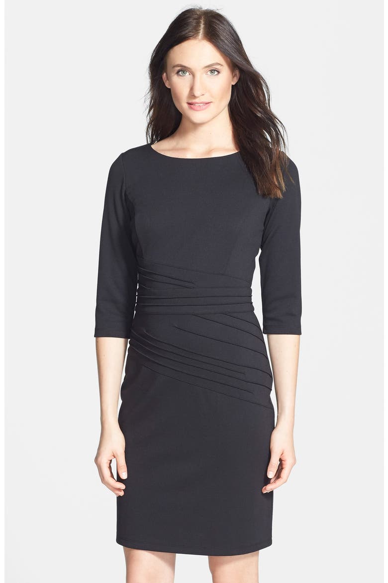 Pintuck Ponte Sheath Dress, Main, color, BLACK
