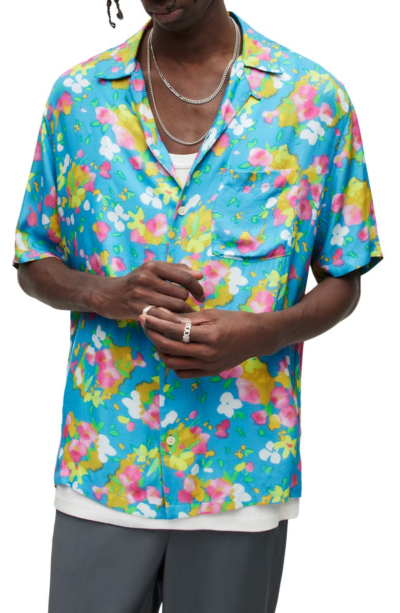 AllSaints Marino Floral Short Sleeve Camp Shirt, Main, color, 