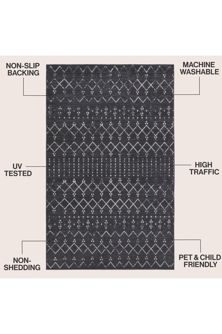 Leila Moroccan Diamond Trellis Non-Slip Machine-Washable Area Rug, Alternate, color, Dark Gray/Ivory