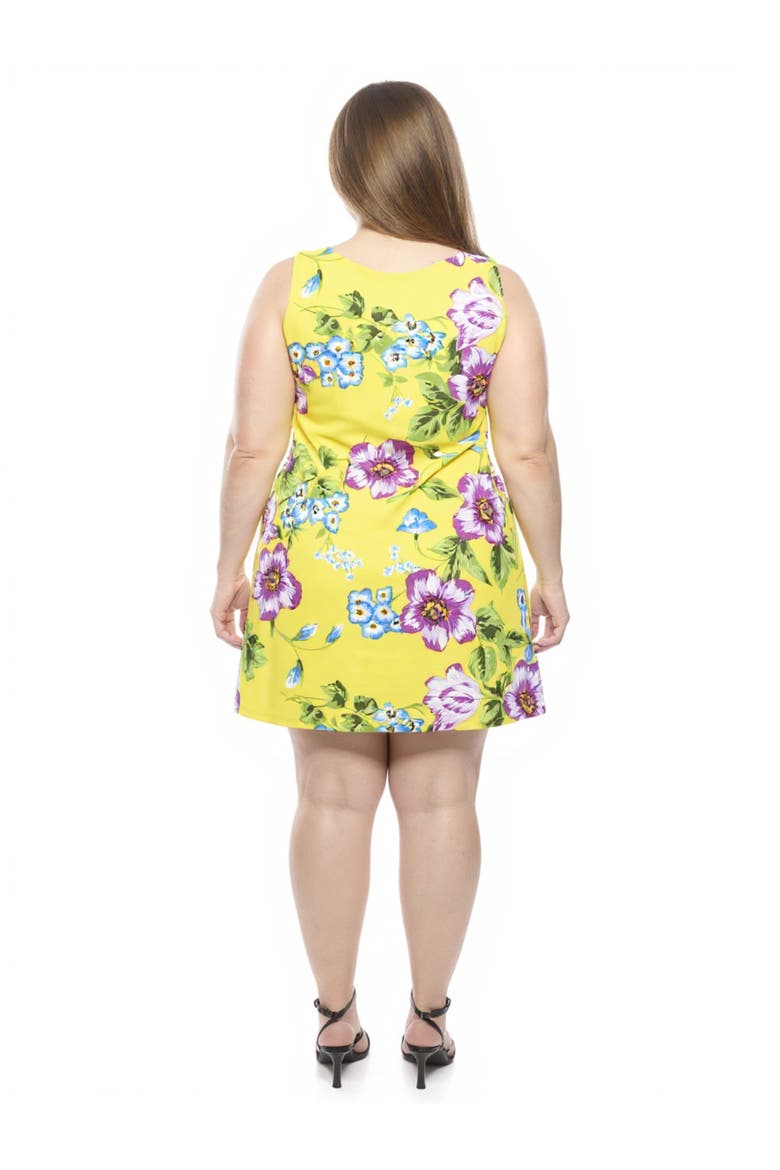 Plus Size Yellow Floral Round Neck Sleeveless A-Line Mini Shift Dress, Alternate, color, Yellow Multi