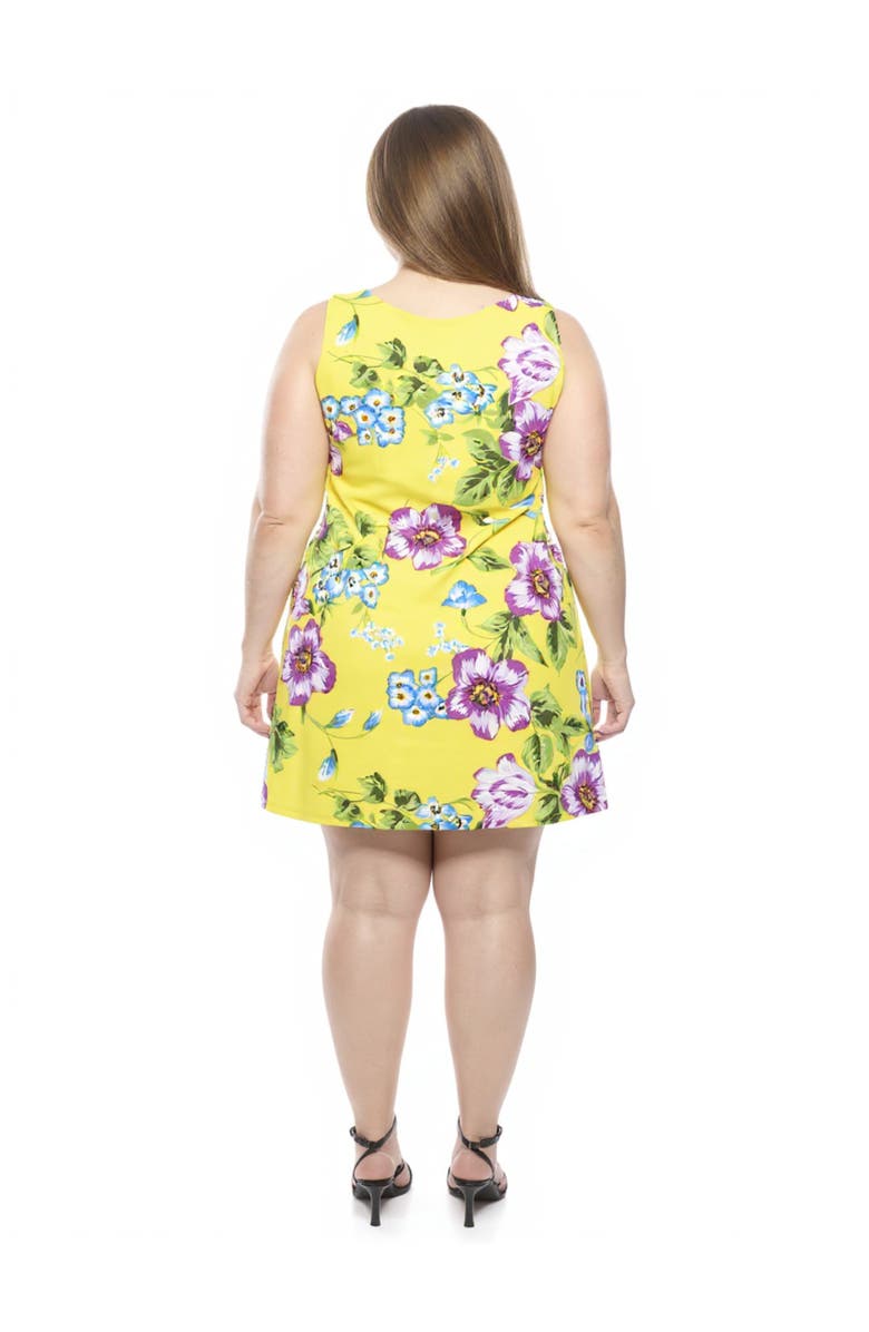 24seven Comfort Apparel Plus Size Yellow Floral Round Neck Sleeveless A-Line Mini Shift Dress, Alternate, color, Yellow Multi
