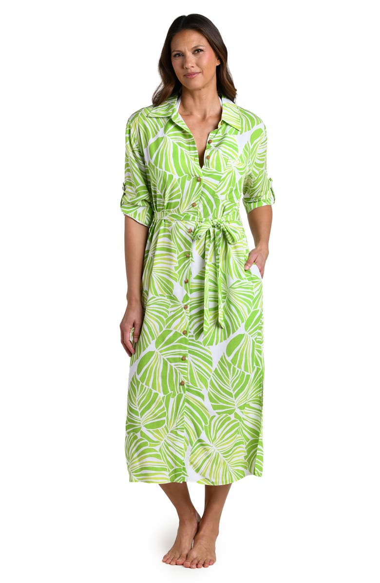La Blanca Serene Palm Roll Tab Cuff Long Sleeve Cover-Up Shirtdress, Alternate, color, Apple