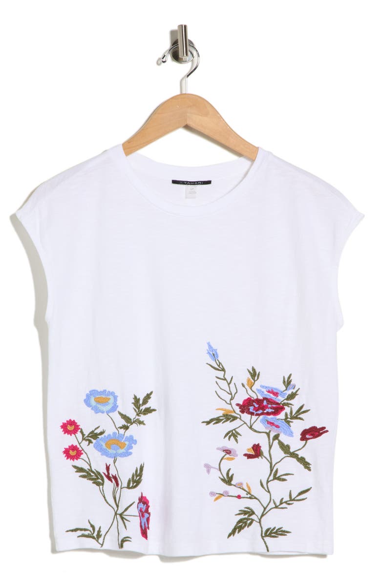T Tahari Floral Embroidered Cap Sleeve Top, Main, color, White