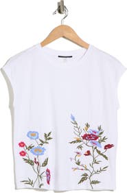 T Tahari Floral Embroidered Cap Sleeve Top