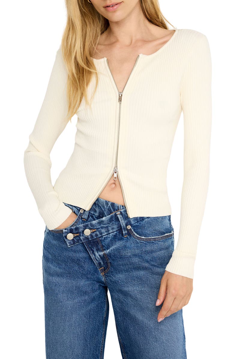 Good American Virgo Rib Zip Cardigan, Main, color, Warm Ivory