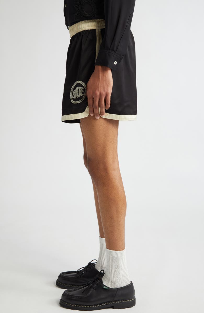Bode Satin Gym Shorts, Alternate, color, Black Cream