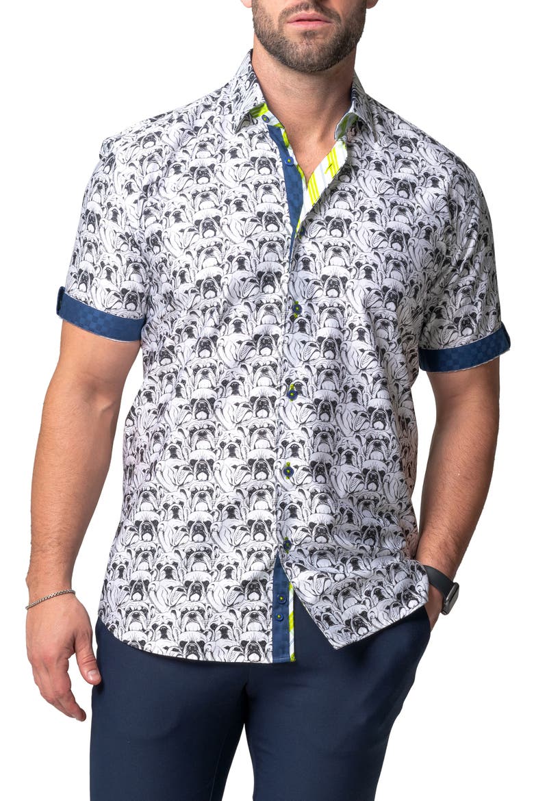 Galileo Bulldog White Contemporary Fit Short Sleeve Button-Up Shirt, Main, color, WHITE