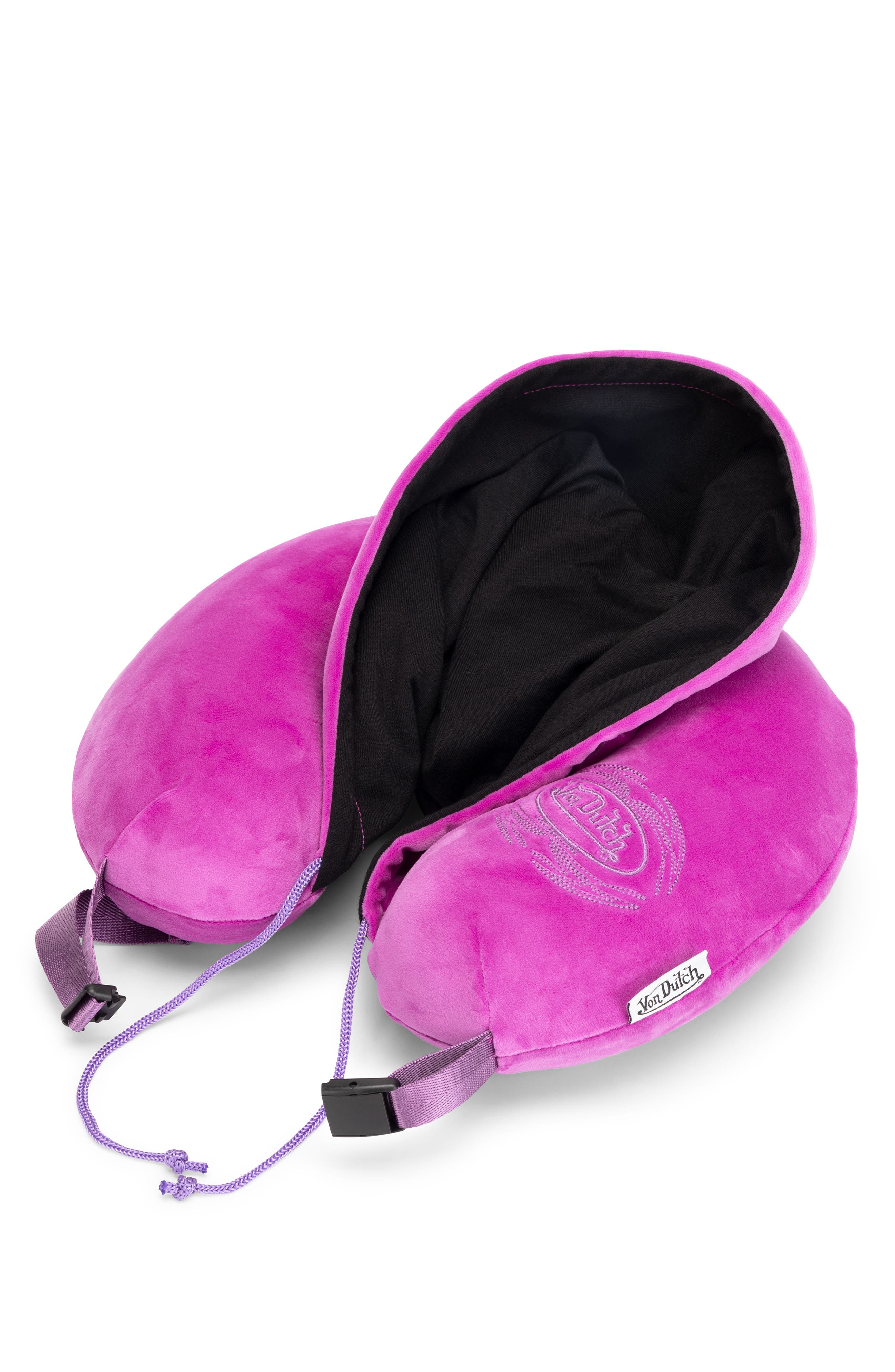Von Dutch Pinstripe Hooded Memory Foam Travel Neck Pillow, Alternate, color, Purple