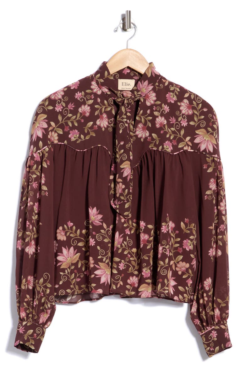 Floral Print Knotted Neck Top, Main, color, BURGUNDY GROUND FLORAL PRINT