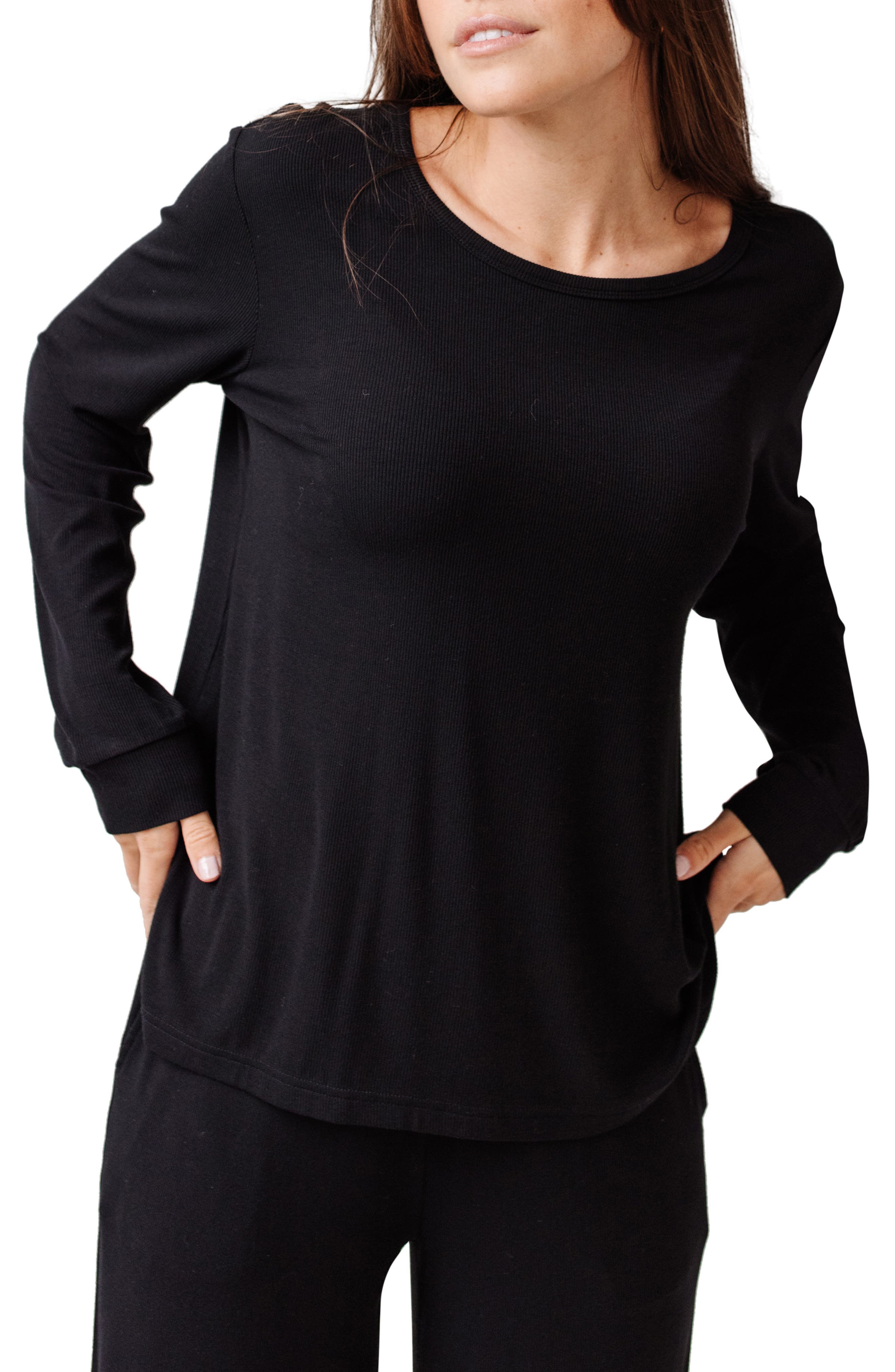Cozy Earth Rib Long Sleeve Knit Pajama Top in Black 