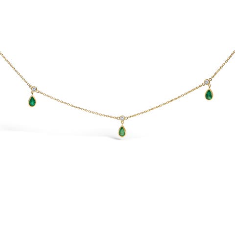 10K Yellow Gold Dangling Green Emerald and Diamond Station Necklace