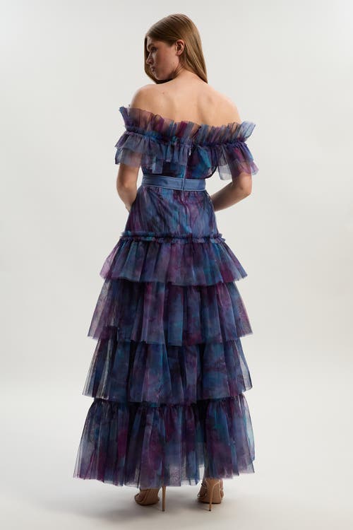 Karen Millen Floral Tulle Off Shoulder Maxi Dress In Blue