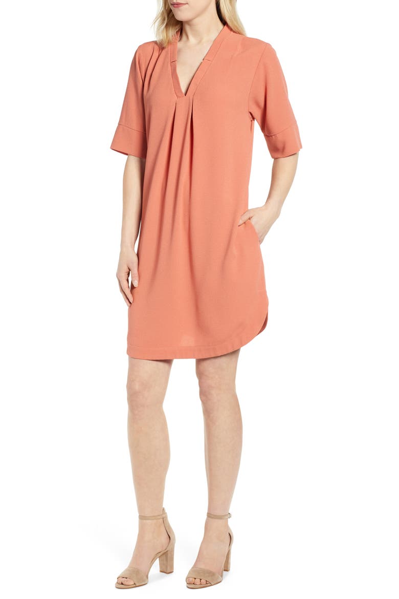 Pleat Front Curved Hem Shirtdress, Main, color, CORAL APRICOT