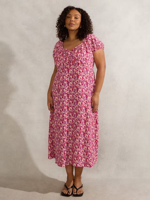 Floral Gathered Neck Midi Dress