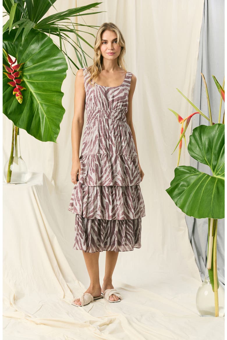 Ripple Stripes Tiered Midi Dress, Alternate, color, CREAM/ BROWN