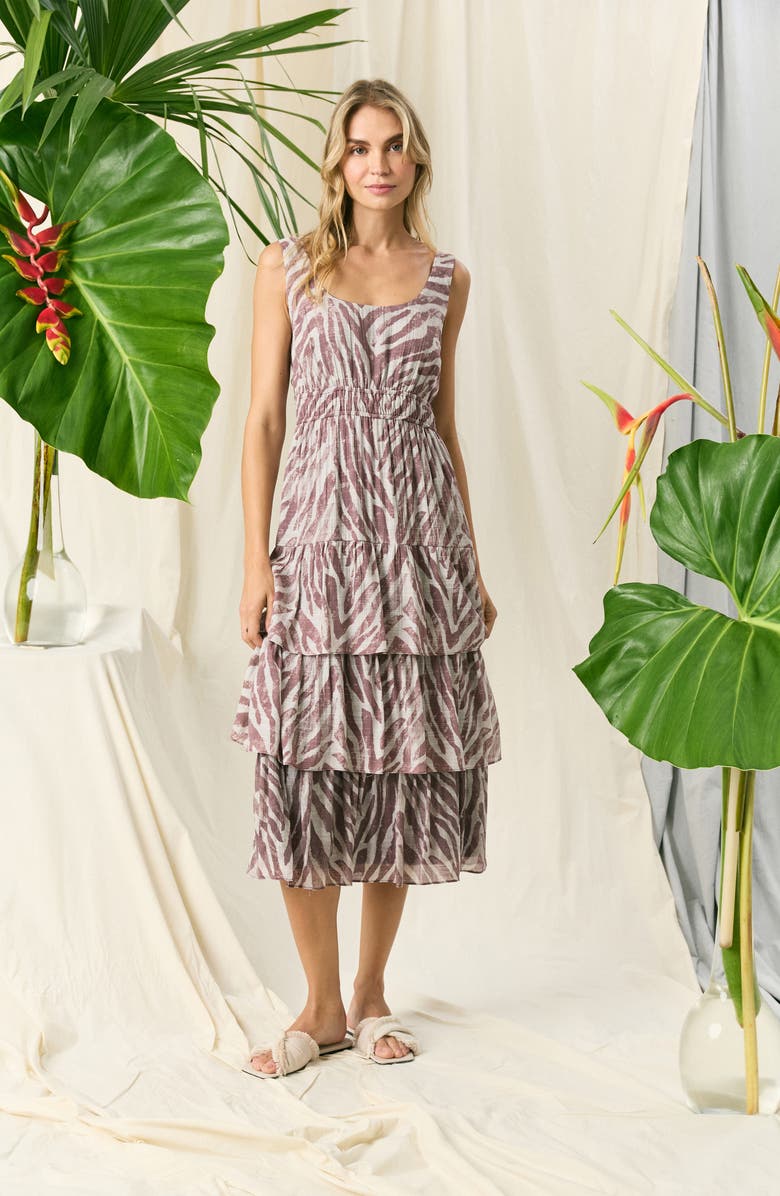 The Good Journey Ripple Stripes Tiered Midi Dress, Alternate, color, Cream/ Brown