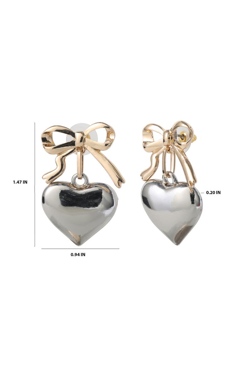 Silver Heart Drop Earrings with Gold Bow Accent, Alternate, color, Silver