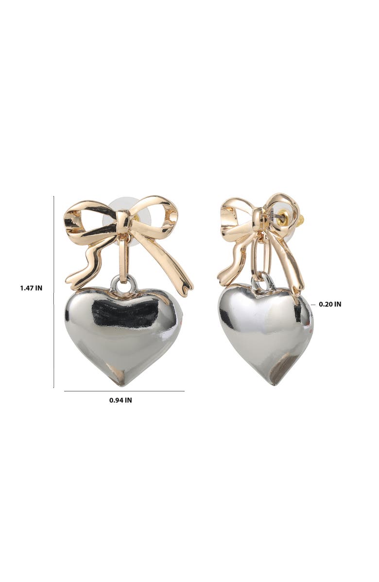 BCBG Generation Silver Heart Drop Earrings with Gold Bow Accent, Alternate, color, Silver