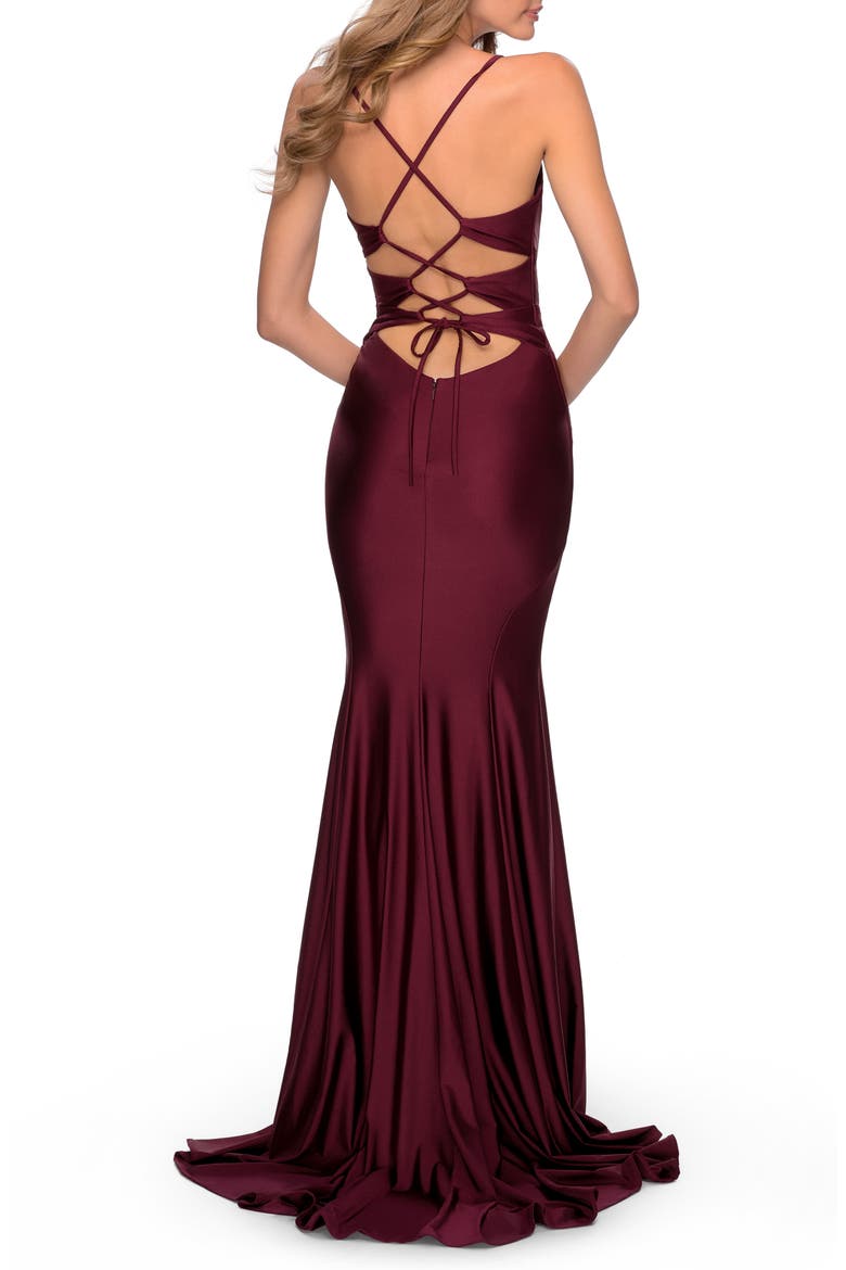 Triple Twist Detail Satin Jersey Trumpet Gown, Alternate, color, DARK BERRY