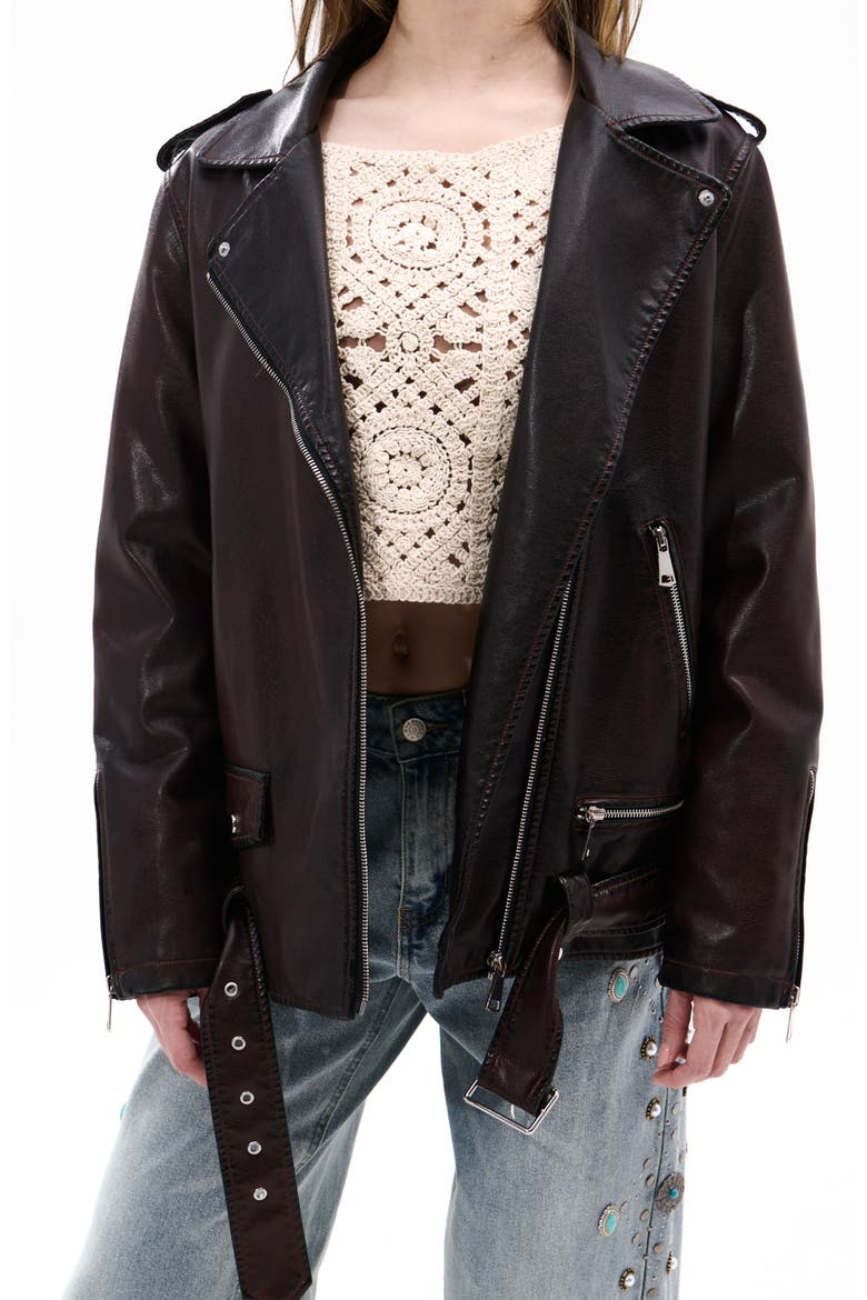 Aurelia Faux Leather Moto Jacket with Removable Faux Fur Collar, Alternate, color, BURGUNDY