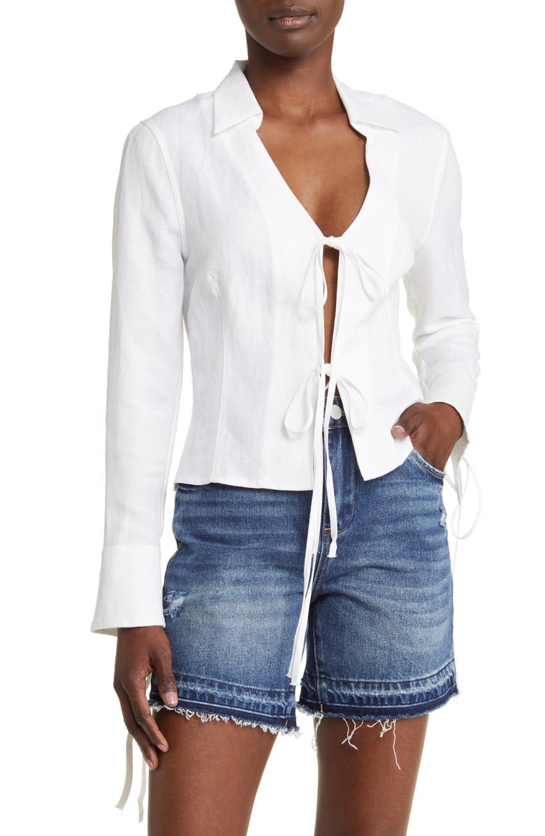 BLANKNYC Tie Front Linen Blend Shirt, Main, color, 