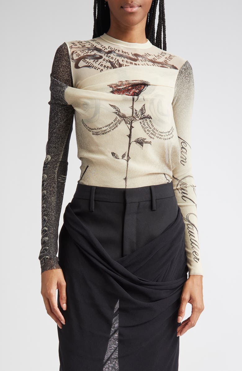 Jean Paul Gaultier Tattoo Print Cutout Double Layer Mesh Thong Bodysuit, Main, color, 