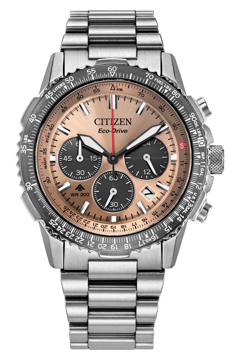 Promaster Navihawk Eco-Drive Chronograph Bracelet Watch, 40mm, Main, color, SILVER-TONE/ORANGE