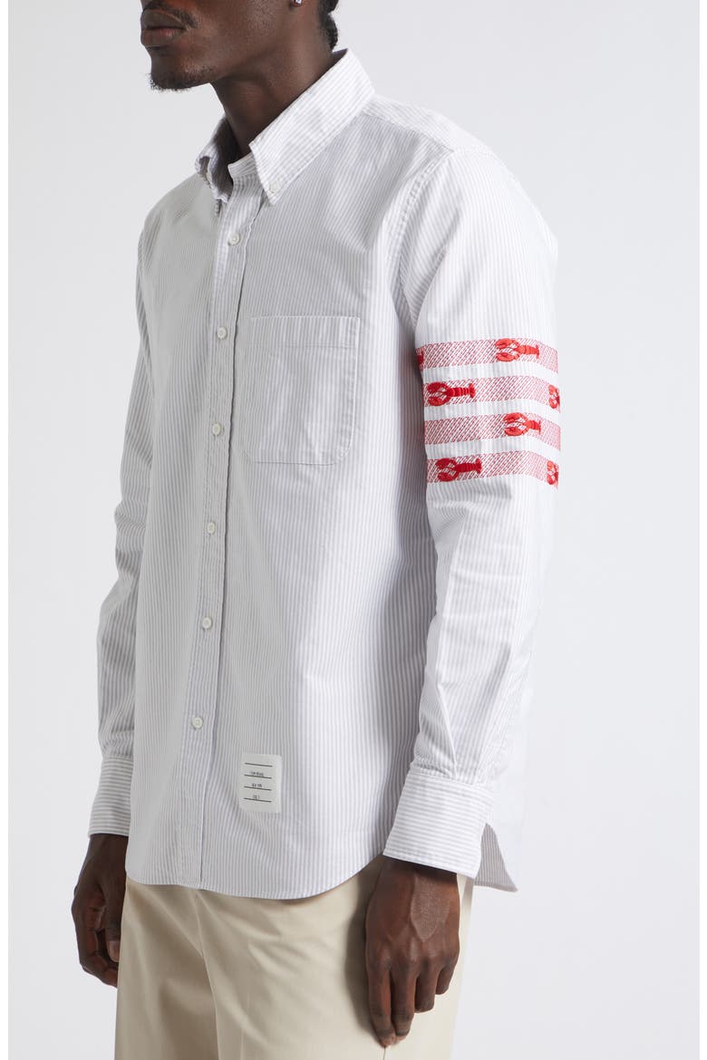 Lobster Embroidery Detail Stripe Cotton Button-Down Shirt, Alternate, color, MEDIUM GREY