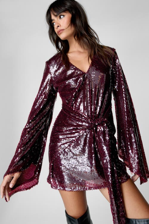 Nasty Gal Flared Sleeve Tie Front Mini Dress In Burgundy
