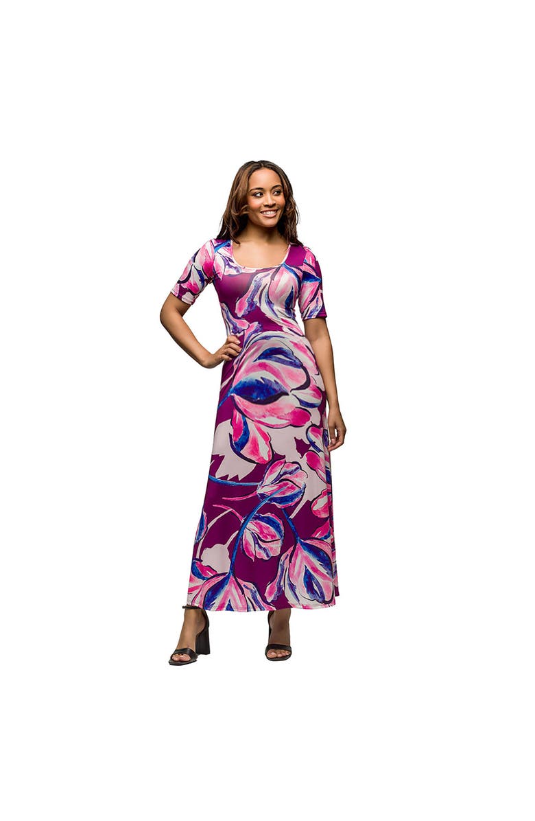 24seven Comfort Apparel Maternity Purple Floral Print Elbow Sleeve Casual A-Line Maxi Dr, Main, color, Purple Multi