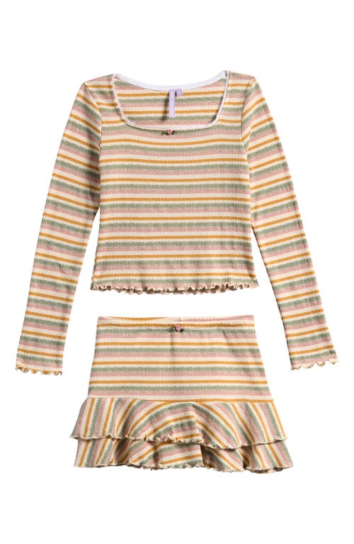 Shop Good Luck Girl Kids' Stripe Knit Top & Ruffled Skirt Set In Pink/sage Stripe