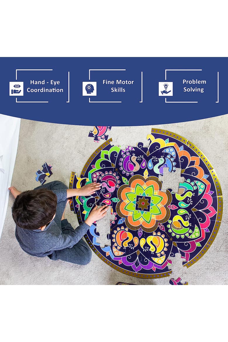 Rangoli Mandala 32" Round Floor Puzzle 48 Pieces, Indian Art For Holi, Alternate, color, Multicolored