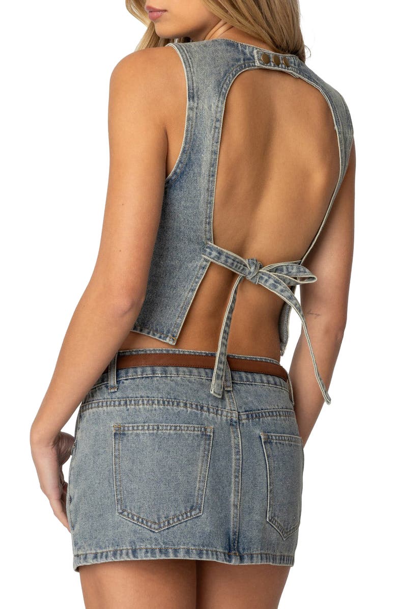EDIKTED Quinlan Open Back Sleeveless Denim Top, Alternate, color, Blue