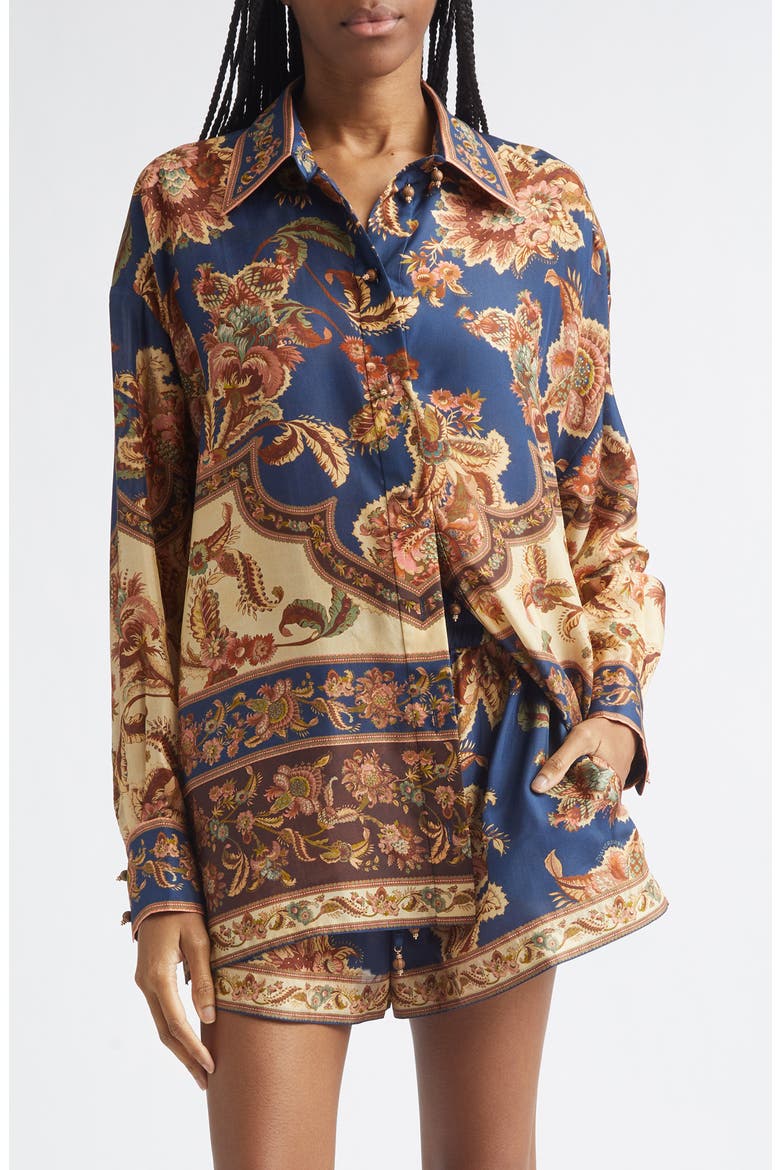 Aster Floral Border Print Silk Shirt, Main, color, NAVY JACOBEAN