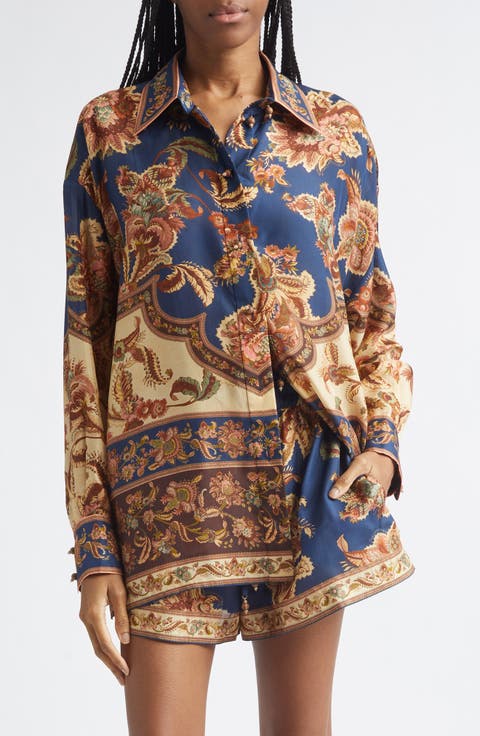 Aster Floral Border Print Silk Shirt