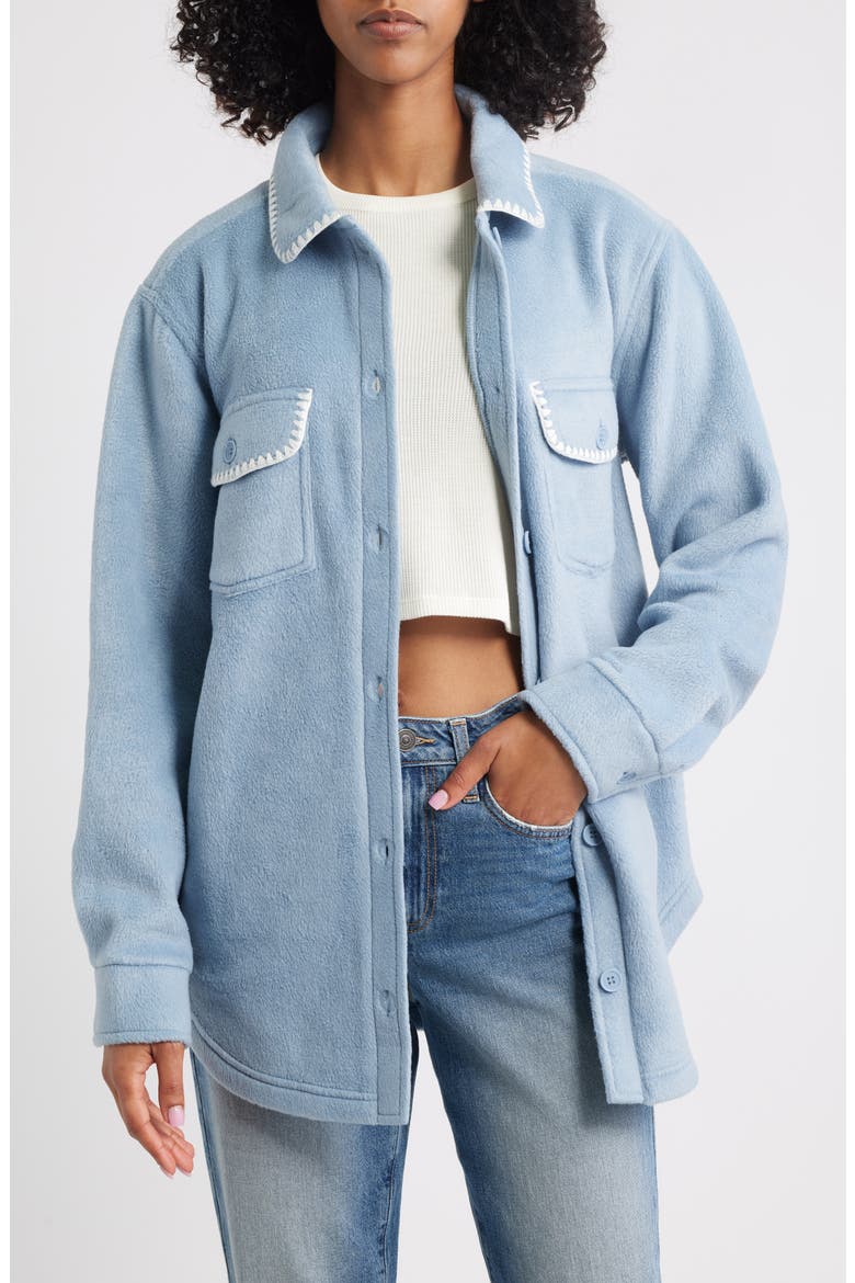 Whipstitch Detail Polar Fleece Shirt Jacket, Main, color, DUSTY BLUE IVORY COMBO