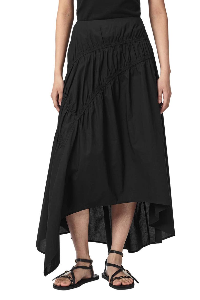 Nuria Ruched High-Low Midi Skirt, Main, color, BLACK