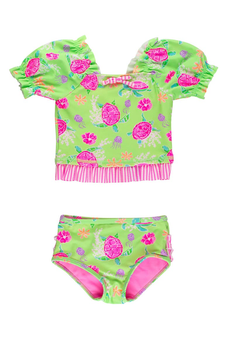 UPF50+ Puff Sleeve Ruffle Tankini 2-Piece Swimsuit, Main, color, Neon Turtle Tide