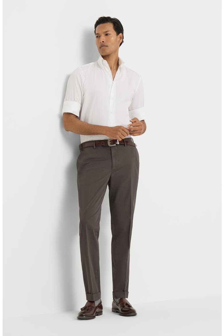 Garment-dyed Italian fit trousers in American Pima comfort cotton gabardine, Alternate, color, Brown