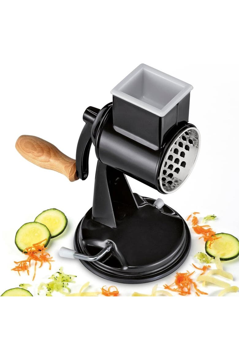 Classic Drum Grater with Suction Base, 2 Grating Drums, Pestle, and Vegetable Cutter, Alternate, color, Black