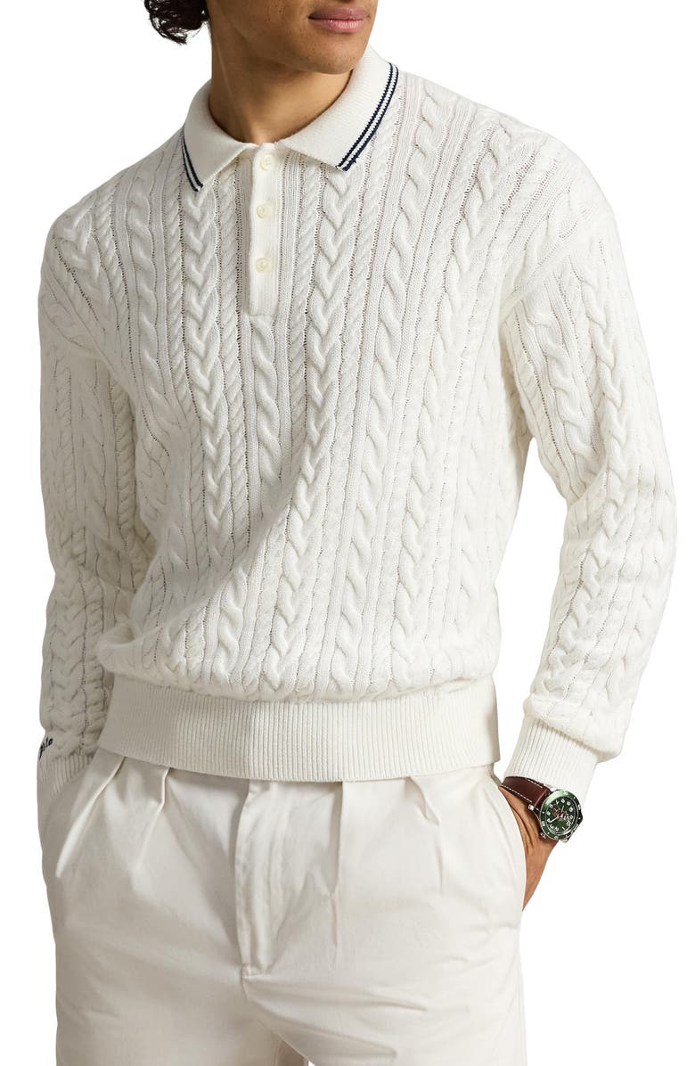 Polo Ralph Lauren Relaxed Fit Cable Stitch Cotton & Linen Polo Sweater, Main, color, Trophy Cream