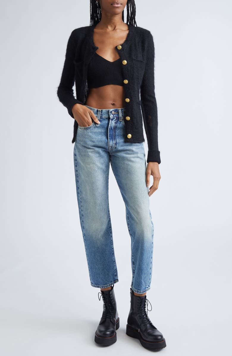 R13 Elongated Shrunken Distressed Mohair Blend Cardigan, Alternate, color, Black