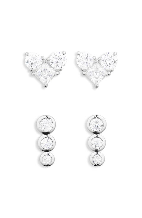 Set of 2 Cubic Zirconia Heart & Linear Stud Earrings