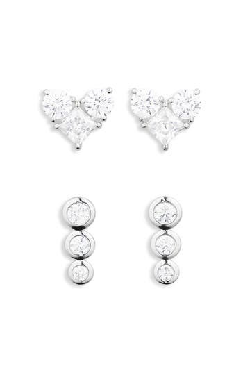 Nadri Set Of 2 Cubic Zirconia Heart & Linear Stud Earrings In Rhodium
