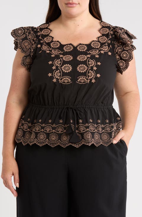 Embroidered Eyelet Flutter Sleeve Peplum Top (Plus)