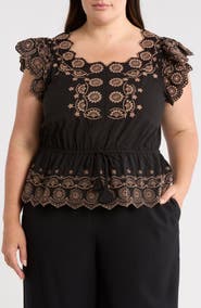 Democracy Embroidered Eyelet Flutter Sleeve Peplum Top
