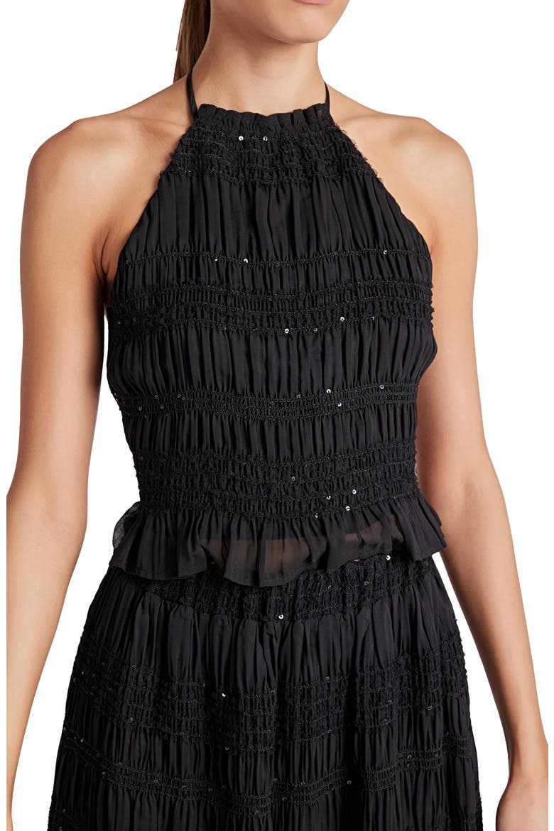 Sequin Shirred Open Back Chiffon Halter Top, Alternate, color, BLACK